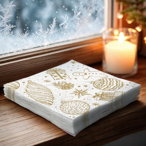 20 kleine Cocktailservietten Bauble symphony - Goldener Weihnachtsschmuck 25x25cm