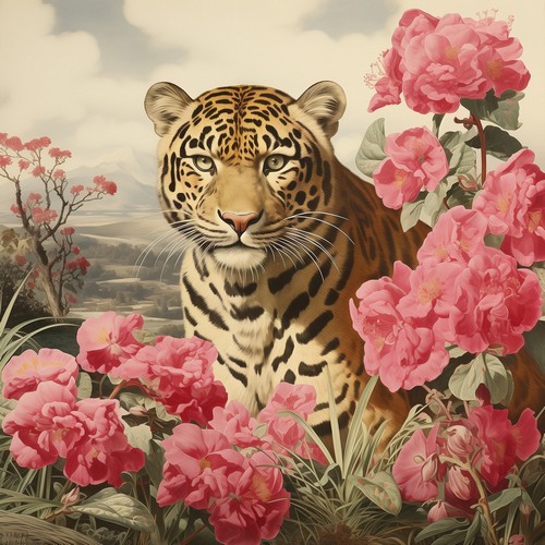 20 Servietten Leonore - Tiger hinter rosa Blüten 33x33cm