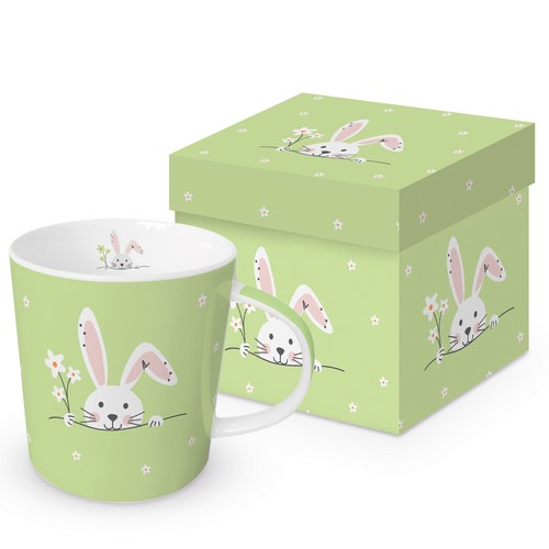 Tasse aus Porzellan Hello Easter green - Hase um Blumen grün 0,4L, Höhe 9,7cm