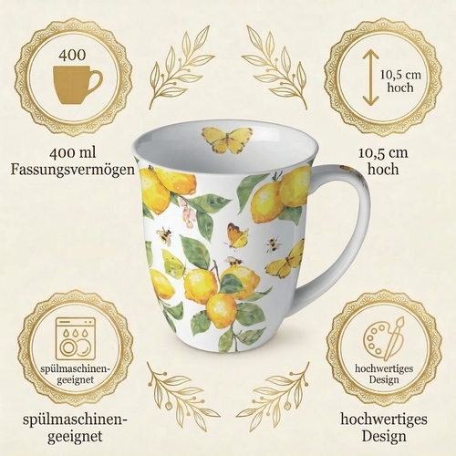 Tasse aus Porzellan Fresh lemons white  - Schmetterlinge an frischen Zitronen weiß 0,4L, Höhe 10,5cm