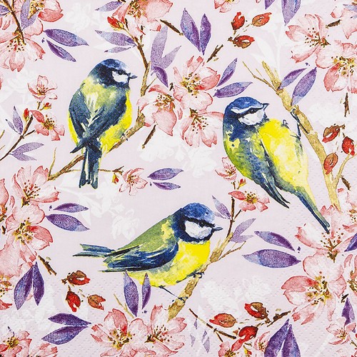 20 Servietten Blue Tits - Blaumeisen an rosa und lila Blätter 33x33cm