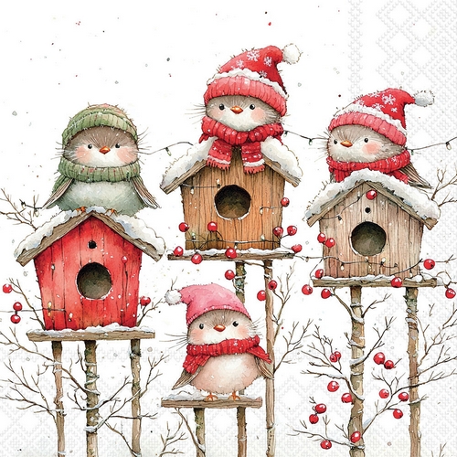 20 Servietten Birdhouse quartet white - Lustige Wintervögel auf Vogelhäuser 33x33cm