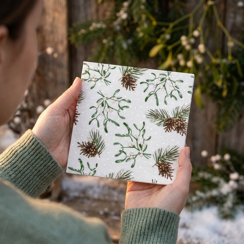 20 Servietten Sweet Mistletoe - Zarte Mistelzweige und Zapfen 33x33cm