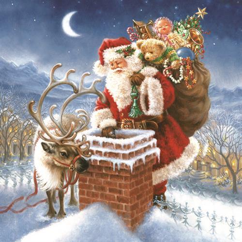 20 Servietten Santa Claus & Chimney - Santa und Rentier am Schornstein 33x33cm