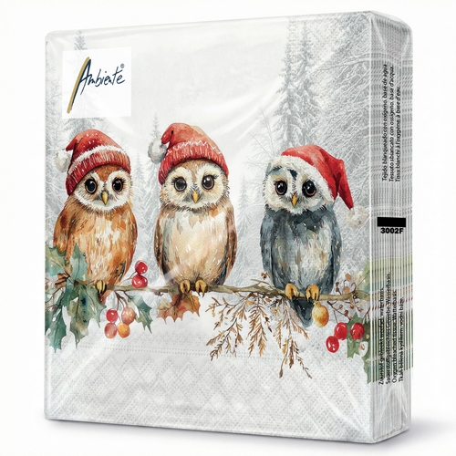 20 Servietten Wise Owls - Eulen mit Weihnachtsmütze 33x33cm