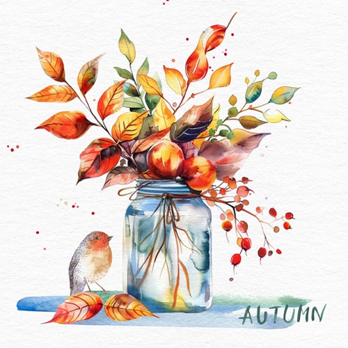 20 Servietten Ramo de Otono - Vogel an Herbststrauß 33x33cm