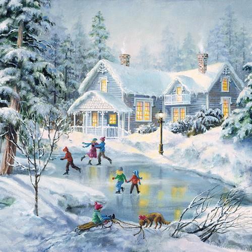 RP 20 Servietten Evening Skating - Kinder beim Eislaufen 33x33cm