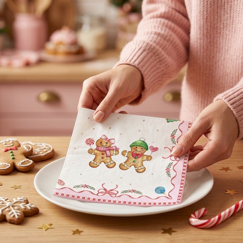20 Servietten Sweet Christmas - Lebkuchenfiguren an rosa Bordüre 33x33cm