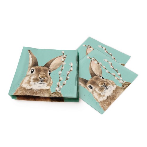 20 Servietten Fred - Hase an Weidenkätzchen mint 33x33cm
