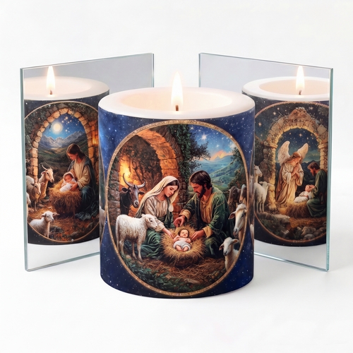 Kerze rund Holy Christmas - Ausschnitte von Christi Geburt Ø 8cm, Höhe 8,5cm