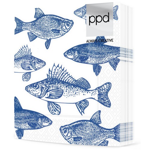 20 Servietten Graphic Fishes marine - Blaue Fische auf weiß 33x33cm