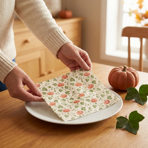 20 Servietten Simple Pumpkin orange - Mini-Kürbisse an Blätter 33x33cm