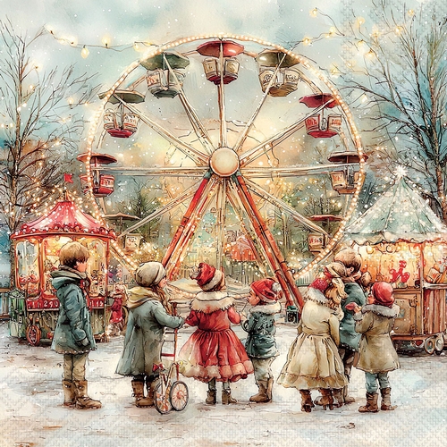 20 Servietten Theme Park - Kinder vor Weihnachtsmarkt 33x33cm
