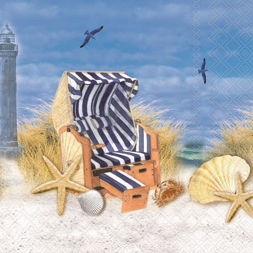 20 Servietten Day at Sea - Strandkorb mit Muscheln am Meer 33x33cm
