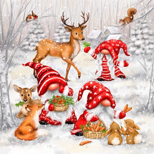 20 Servietten Gnomes with Forest Friends - Lustige Gnome füttern Tiere 33x33cm