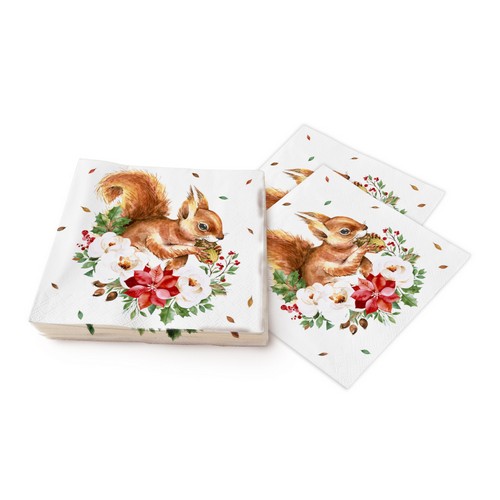 20 Servietten Sweet Squirrel - Eichhörnchen an Blumen 33x33cm