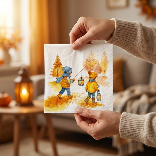 20 Servietten Autumn Walk - Kinder mit Laternen im Herbst 33x33cm