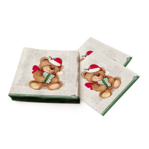 20 Servietten Christmas Teddy - Teddy mit Weihnachtsgeschenk 33x33cm
