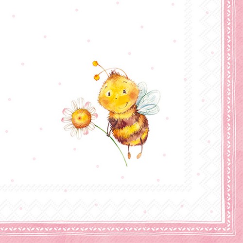 20 Servietten Sunny Bee light rose - Lustige Biene mit Blume rosa 33x33cm
