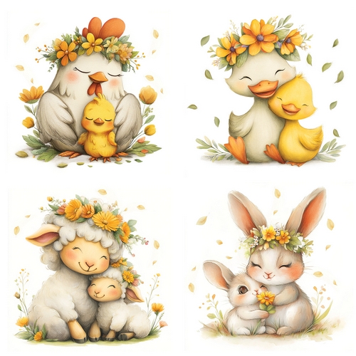 20 Servietten Lovely Spring Families - Fröhliche Frühlingstiere 33x33cm