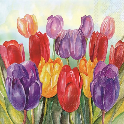 20 Servietten Colourful Tulips - Gemaltes Tulpenfeld 33x33cm