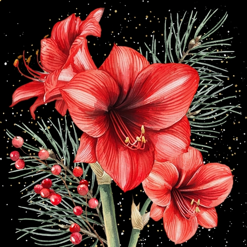 20 Servietten Bouquet Hivernal dÁmaryllis black - Roter Amaryllis auf schwarz 33x33cm
