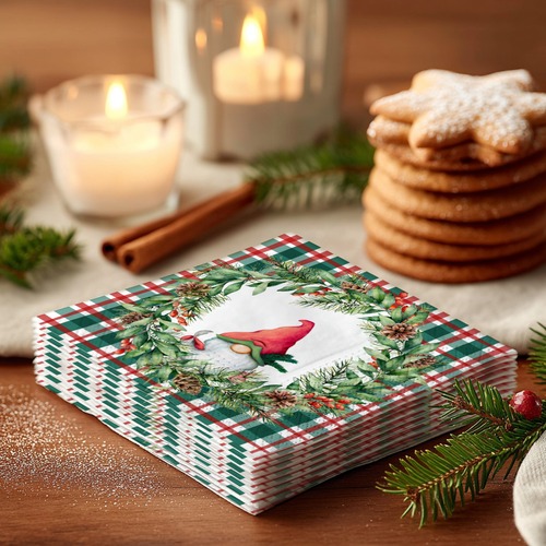 20 kleine Cocktailservietten Xmas check - Gnom auf Karo 25x25cm