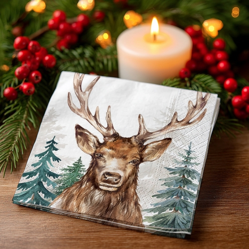 20 kleine Cocktailservietten The Woodland King - Hirsch im tiefsten Wald weiß 25x25cm