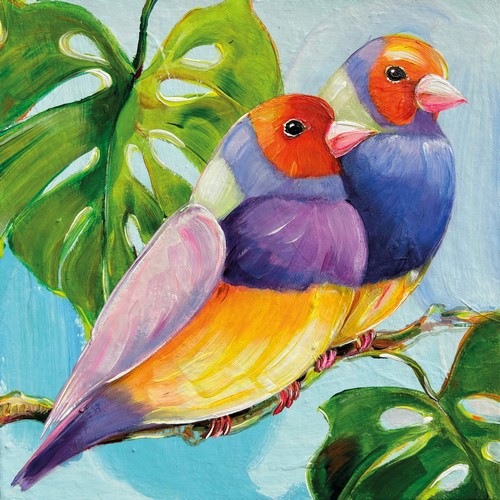 20 Servietten Conversation tropicale - Buntes Vogelpaar an Monstera 33x33cm