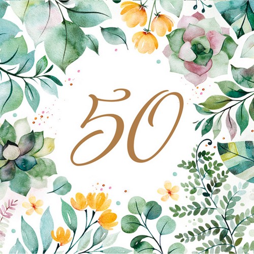 20 Servietten Floral Frame 50 - Zahl 50 in grünen Blättern 33x33cm