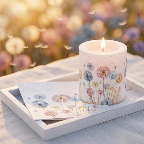 Kerze rund klein Dandelions  - Löwenzahn in Pastellfarben Ø 7,5cm, Höhe 9cm