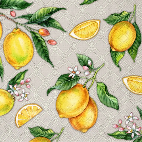 20 Servietten Citrons grey - Zitronen auf beige 33x33cm