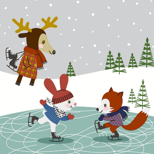 20 Servietten Skating Friends - Tiere beim Eislaufen 33x33cm