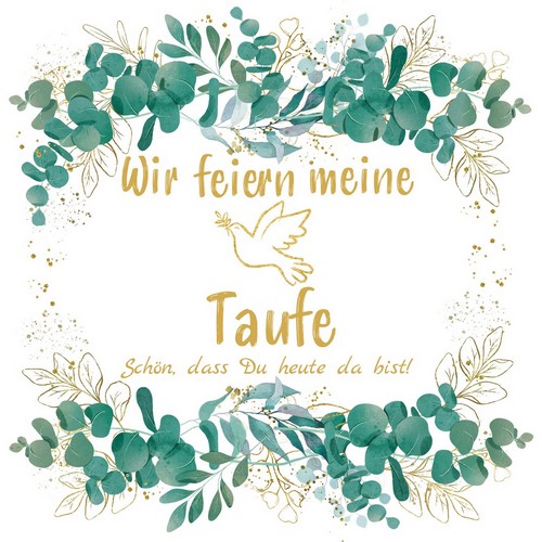 20 Servietten Eucalyptus Leaves gold Taufe - mit Taube 33x33cm