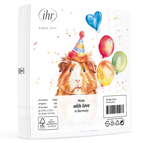 20 Servietten Birthday Kalli - Hamster mit Luftballons 33x33cm