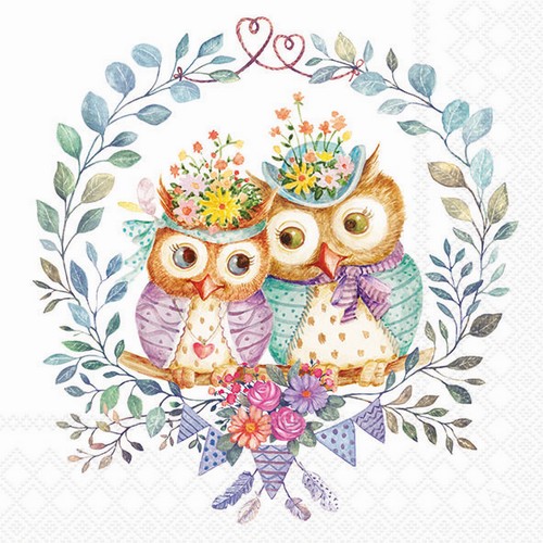 20 Servietten Owl Couple in Love - Eulen in Blätterkranz 33x33cm