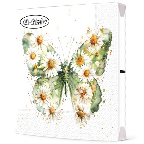 20 Servietten Papillon & Marguerites - Schmetterling  mit Margeriten 33x33cm
