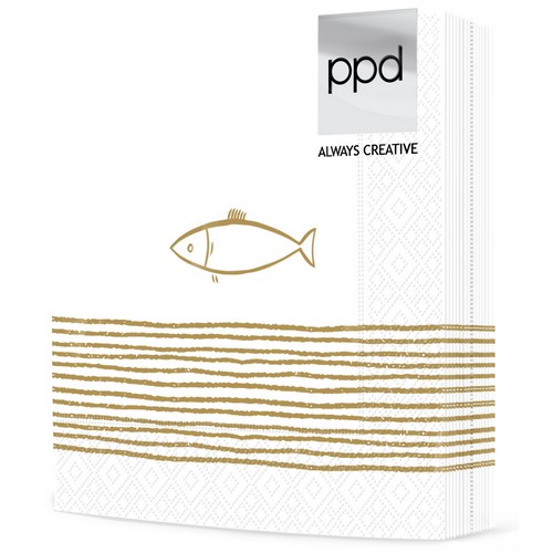 20 Servietten Pure Fish - Fisch an Streifen gold 33x33cm