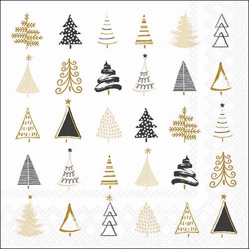 20 Servietten Christmas Tree Doodles black - Moderne Baumformen schwarz-gold  33x33cm