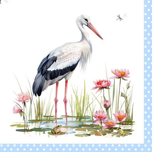 20 Servietten Stork & Frogs blue - Storch an Bordüre blau 33x33cm