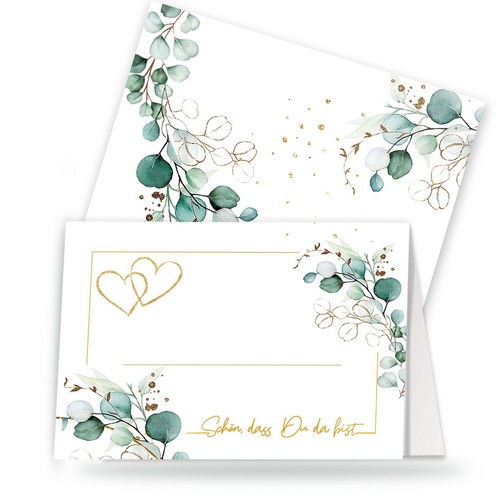 20 Tischkarten Eucalyptus Golden Hearts - Herzen um Eukalyptus weiß A7, 10,5cm, Höhe 7,4cm