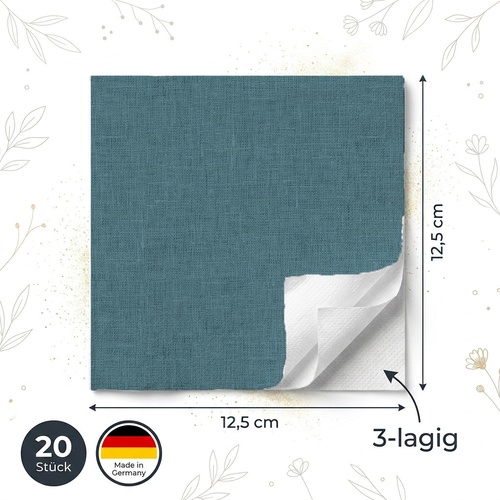 20 kleine Cocktailservietten Linen Ocean Tale - Uni Leinenstruktur petrol 25x25cm