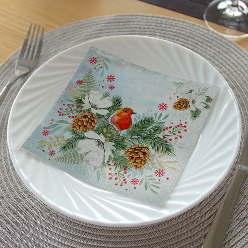 20 Servietten Winter Birdy - Rotkehlchen im Wintergesteck 33x33cm