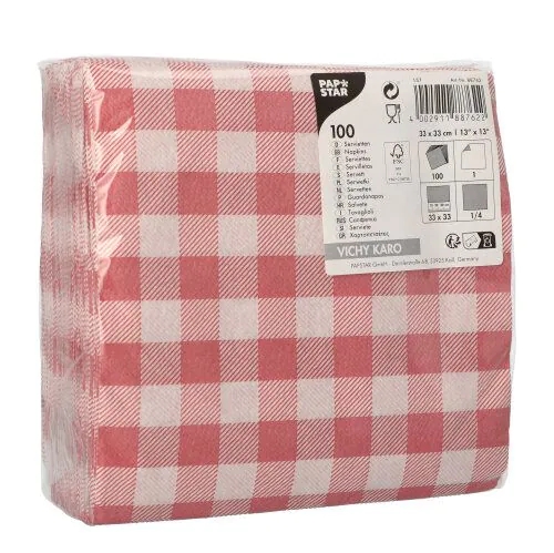100 Servietten 1-lagig, Vichy Karo rot-weiß 33x33cm