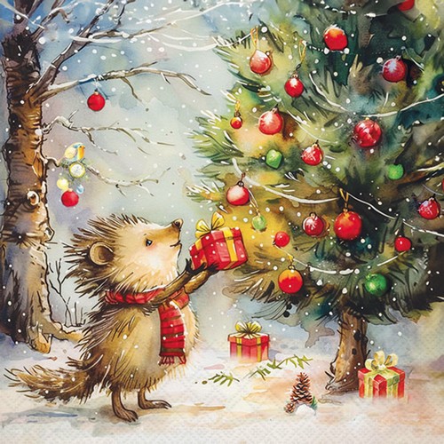20 Servietten Present for Hedgehog - Winterigel verteilt Geschenke 33x33cm