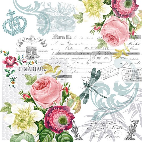 20 Servietten Lisetta - Vintage Blumen mit Libelle   33x33cm