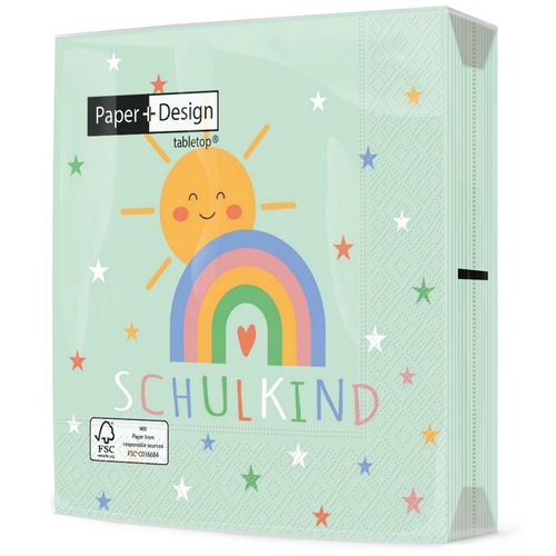 20 Servietten Schulkind - Schulkind an Regenbogen 33x33cm