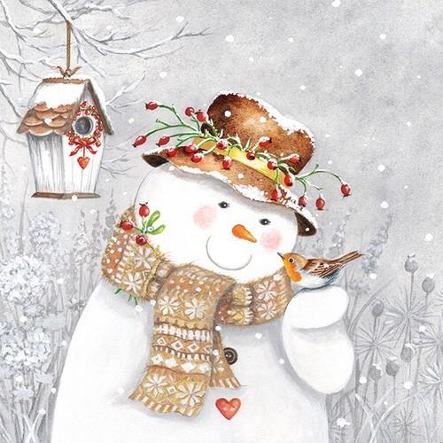 20 Servietten Snowman holding Robin – Schneemann hilft Vogel 33x33cm