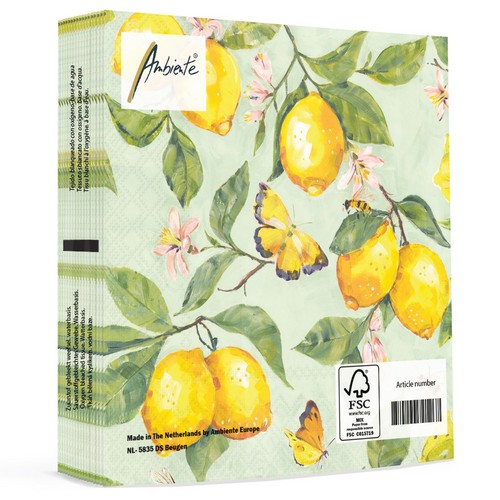 20 Servietten Fresh Lemons green - Schmetterlinge an frischen Zitronen grün 33x33cm