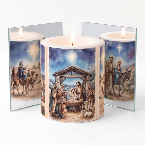 Kerze rund Story of Jesus Born - Geschichte von Geburt Jesu Ø 8cm, Höhe 8,5cm